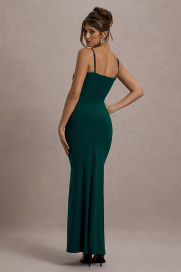 Jeanne Bottle Green Plunge Ruched Cami Maxi Dress With Split